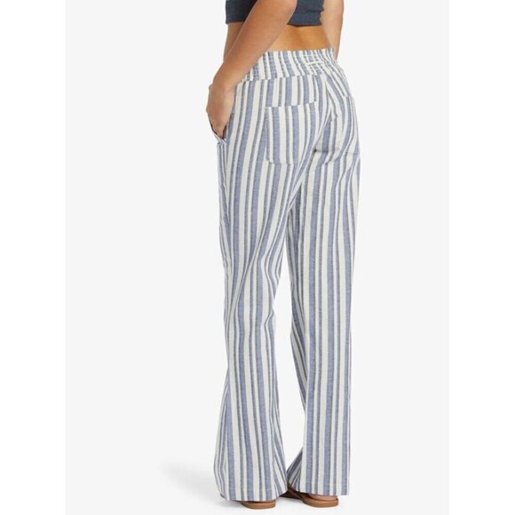 Roxy Women's Oceanside Yarn Dye Pant blue and white striped cotton/linen. - Picture 2 of 10
